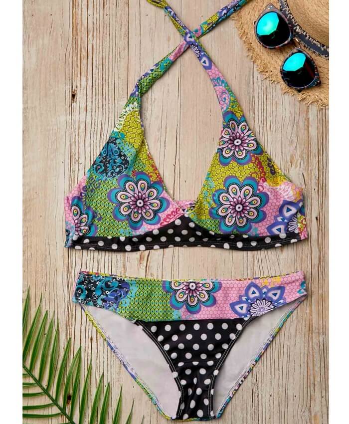 Flower Print Tie Back Halter Bikini Set